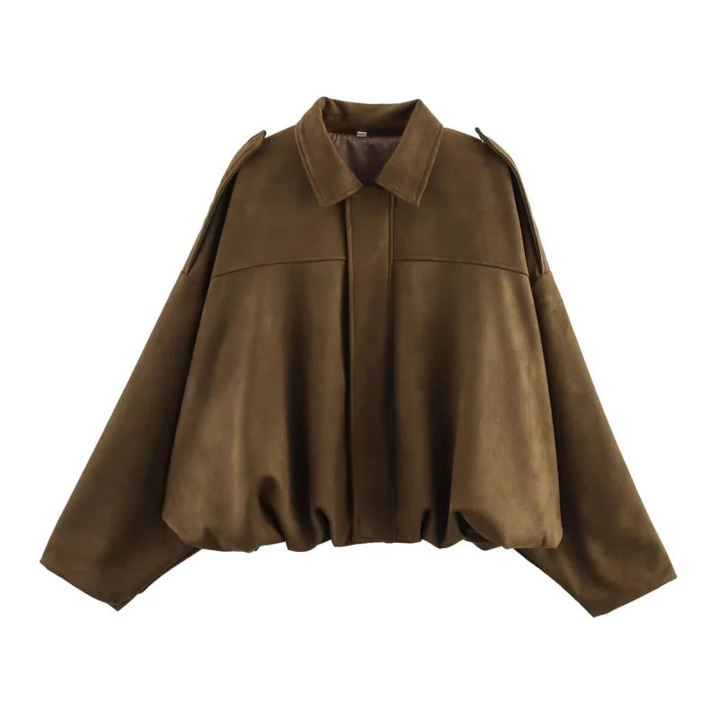 ETJ 2025 Spring new women's suede texture effect Loose version of fashion lapel shoulder bomber jacket