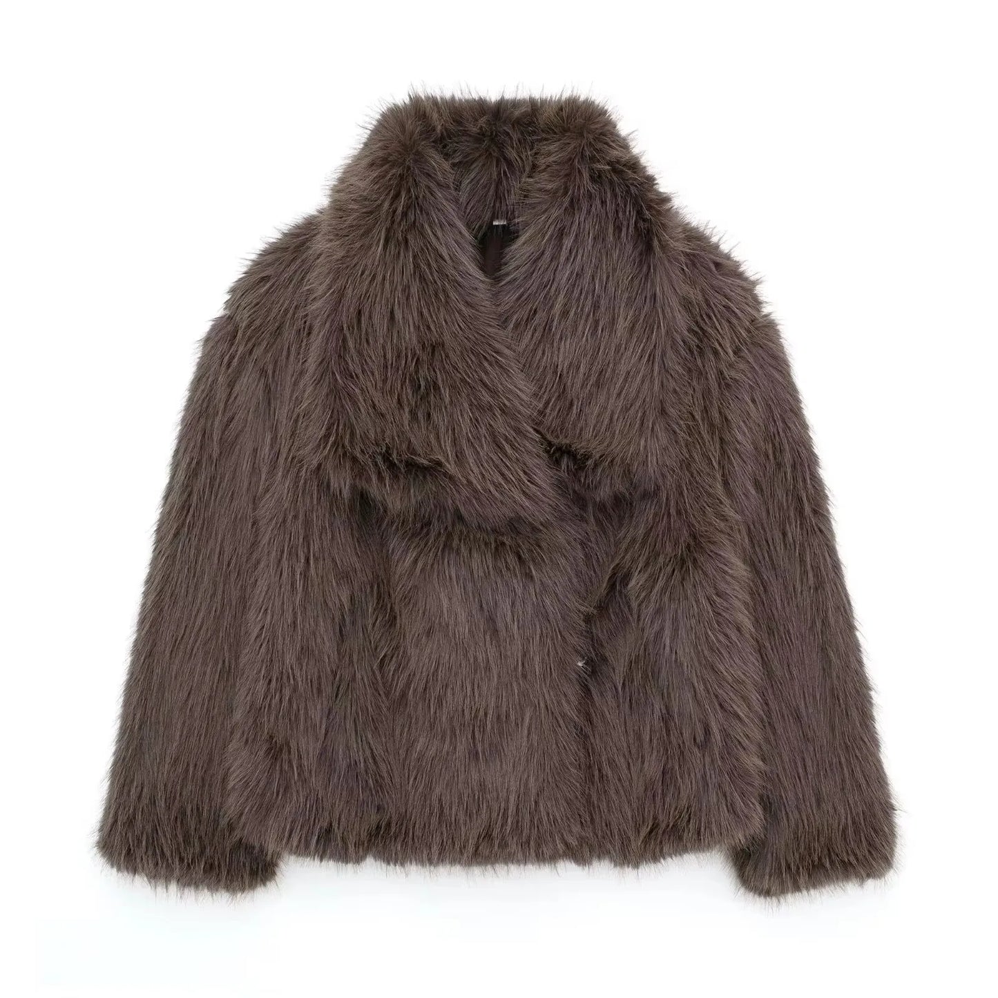 TRAFZA Women Elegant Faux Fur Coat Warm Fluffy Loose Long Sleeve Lapel Jacket Autumn Winter Fashion High Street Lady Outerwear
