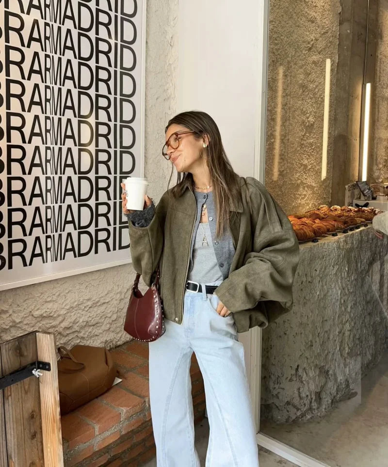 ETJ 2025 Spring new women's suede texture effect Loose version of fashion lapel shoulder bomber jacket