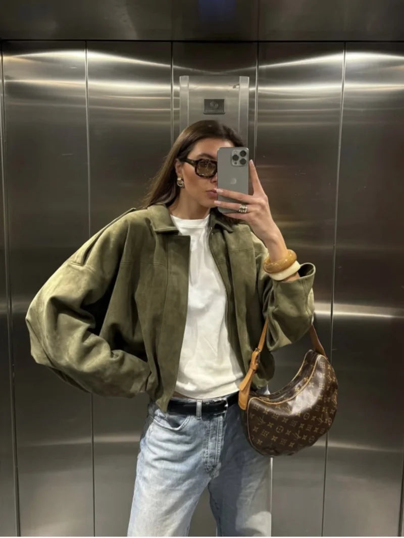 ETJ 2025 Spring new women's suede texture effect Loose version of fashion lapel shoulder bomber jacket
