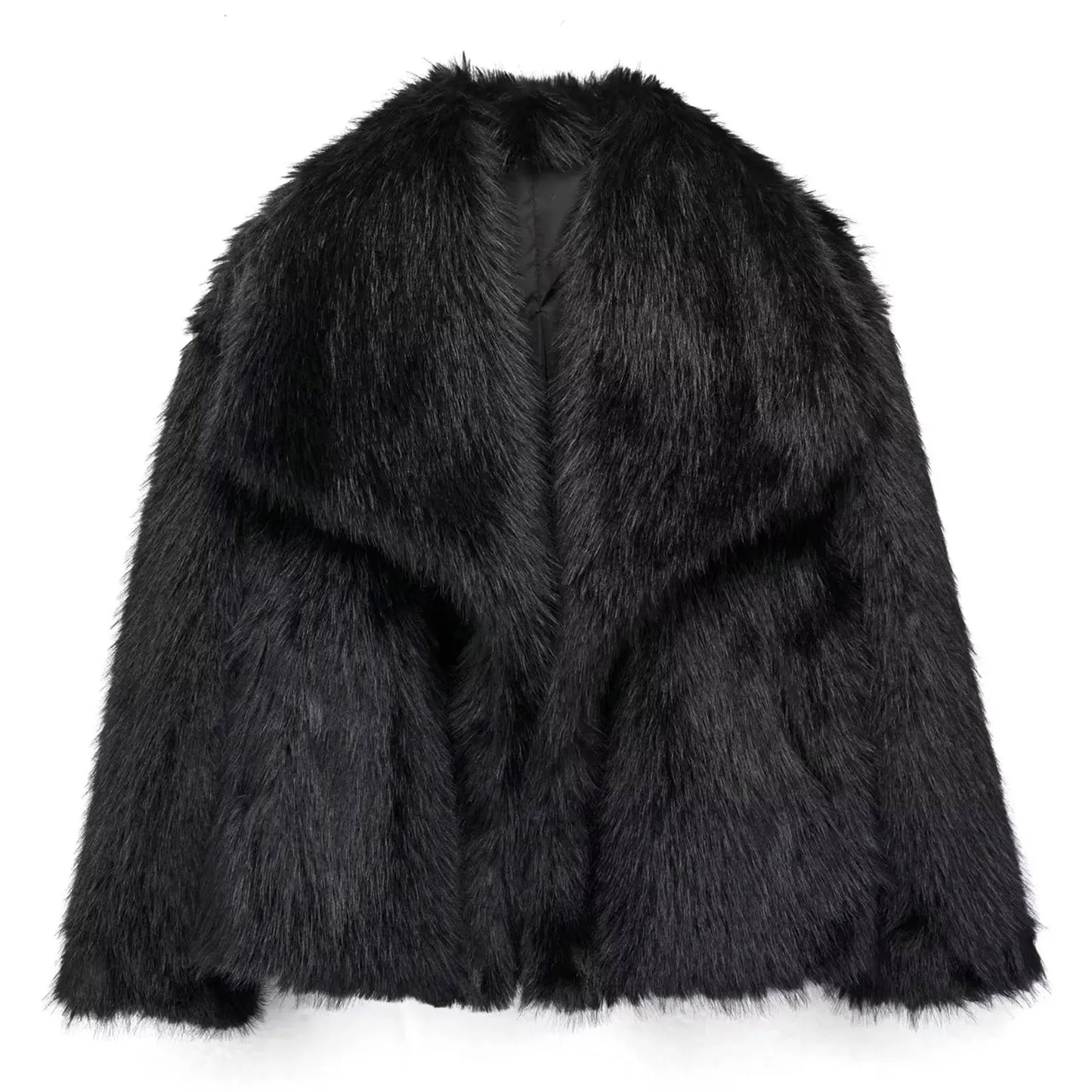 TRAFZA Women Elegant Faux Fur Coat Warm Fluffy Loose Long Sleeve Lapel Jacket Autumn Winter Fashion High Street Lady Outerwear