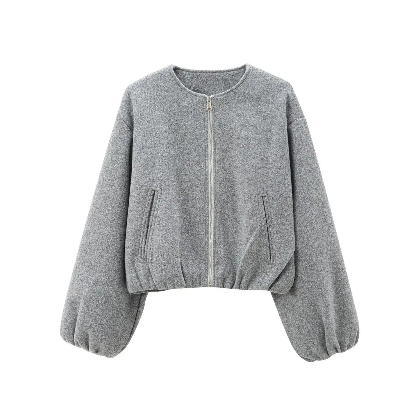 Ladies Fashion Autumn Winter Jacket Women Retro Round Neck Long Sleeve Elastic Hem Zipper Soft Bomber Jacket Women Coat Female