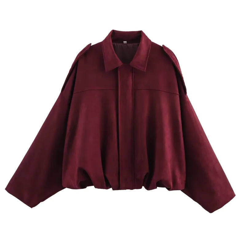 ETJ 2025 Spring new women's suede texture effect Loose version of fashion lapel shoulder bomber jacket