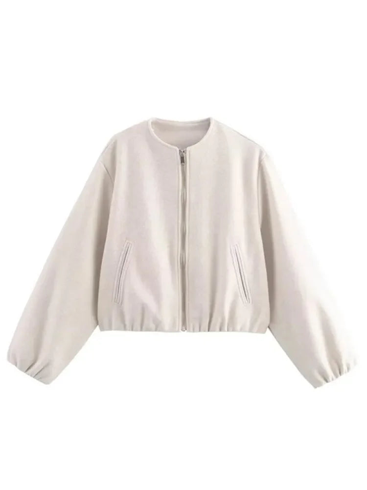 Ladies Fashion Autumn Winter Jacket Women Retro Round Neck Long Sleeve Elastic Hem Zipper Soft Bomber Jacket Women Coat Female