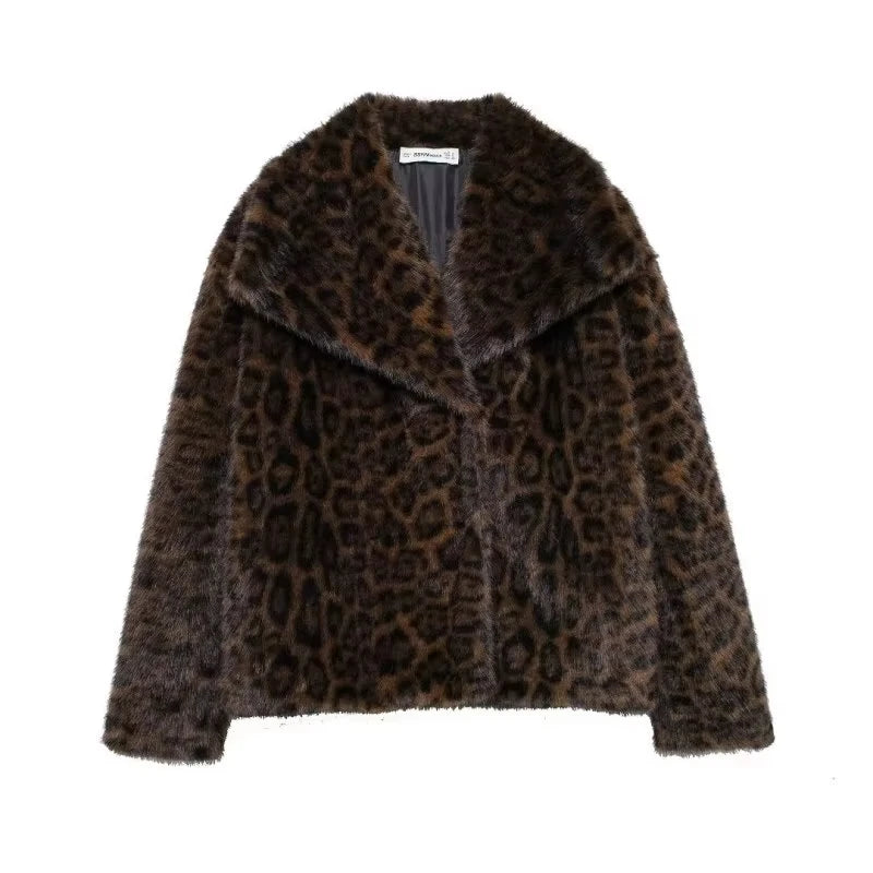 TRAFZA Women Elegant Faux Fur Coat Warm Fluffy Loose Long Sleeve Lapel Jacket Autumn Winter Fashion High Street Lady Outerwear