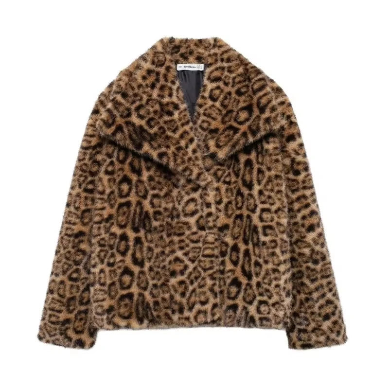 TRAFZA Women Elegant Faux Fur Coat Warm Fluffy Loose Long Sleeve Lapel Jacket Autumn Winter Fashion High Street Lady Outerwear