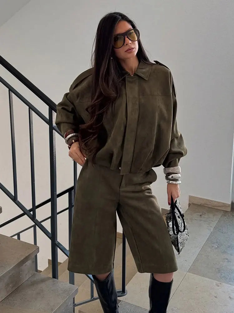 TRAFZA Women Brown Green Suede Jacket Loose Casual Bomber Coat Lapel Zipper Long Sleeve Jackets Vintage Lady Motorcycle Outwears