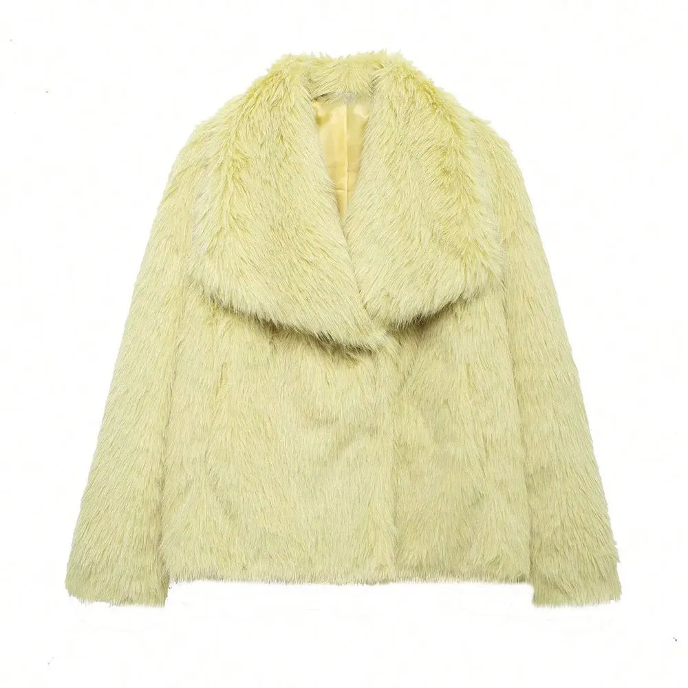 TRAFZA Women Elegant Faux Fur Coat Warm Fluffy Loose Long Sleeve Lapel Jacket Autumn Winter Fashion High Street Lady Outerwear