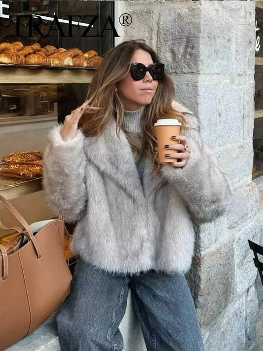 TRAFZA Women Elegant Faux Fur Coat Warm Fluffy Loose Long Sleeve Lapel Jacket Autumn Winter Fashion High Street Lady Outerwear