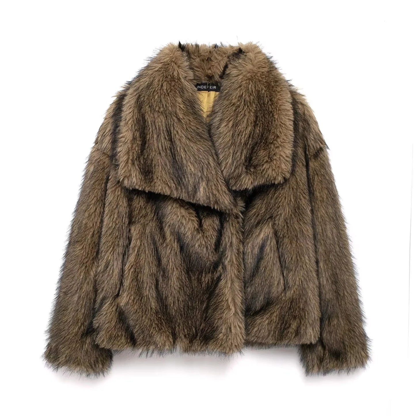 TRAFZA Women Elegant Faux Fur Coat Warm Fluffy Loose Long Sleeve Lapel Jacket Autumn Winter Fashion High Street Lady Outerwear