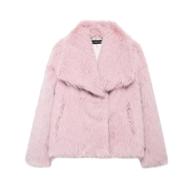 TRAFZA Women Elegant Faux Fur Coat Warm Fluffy Loose Long Sleeve Lapel Jacket Autumn Winter Fashion High Street Lady Outerwear