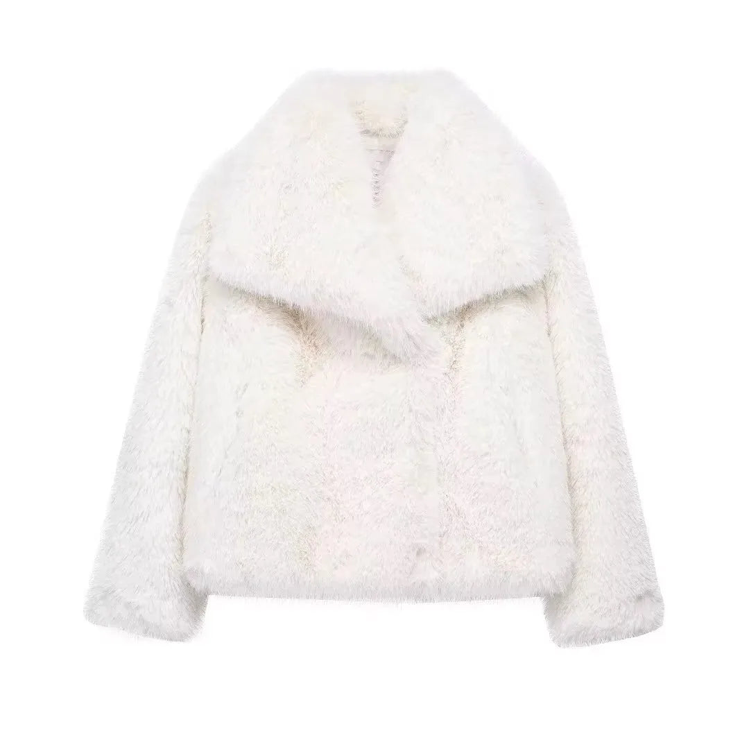 TRAFZA Women Elegant Faux Fur Coat Warm Fluffy Loose Long Sleeve Lapel Jacket Autumn Winter Fashion High Street Lady Outerwear