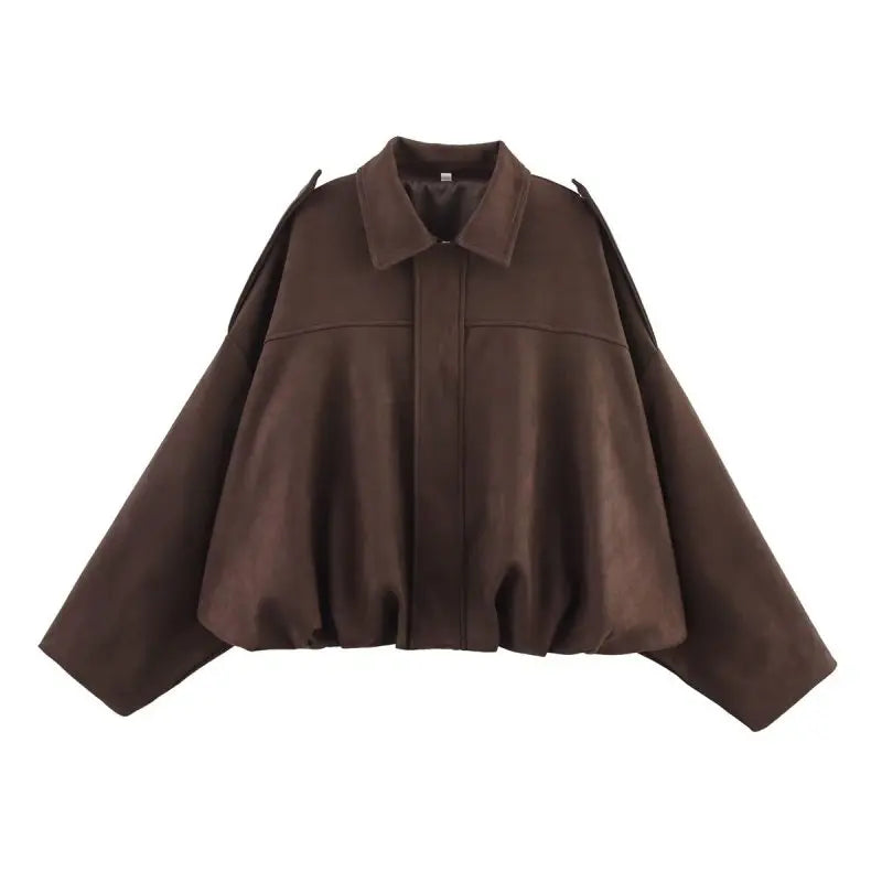 TRAFZA Women Brown Green Suede Jacket Loose Casual Bomber Coat Lapel Zipper Long Sleeve Jackets Vintage Lady Motorcycle Outwears